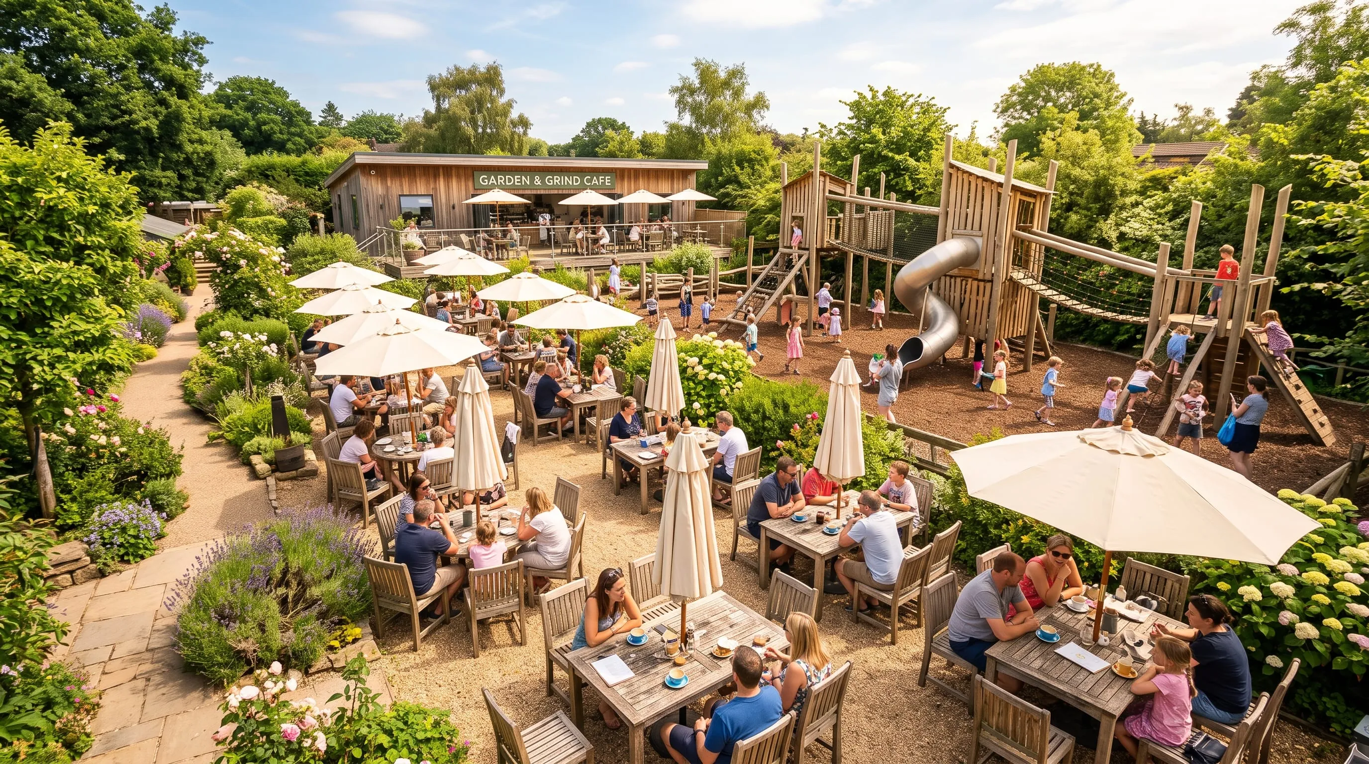 Πανοραμική άποψη του garden café: οικογένειες σε ξύλινα τραπέζια με κρεμ ομπρέλες και παιδιά που παίζουν σε ξύλινο παιδότοπο μέσα σε καταπράσινο κήπο.