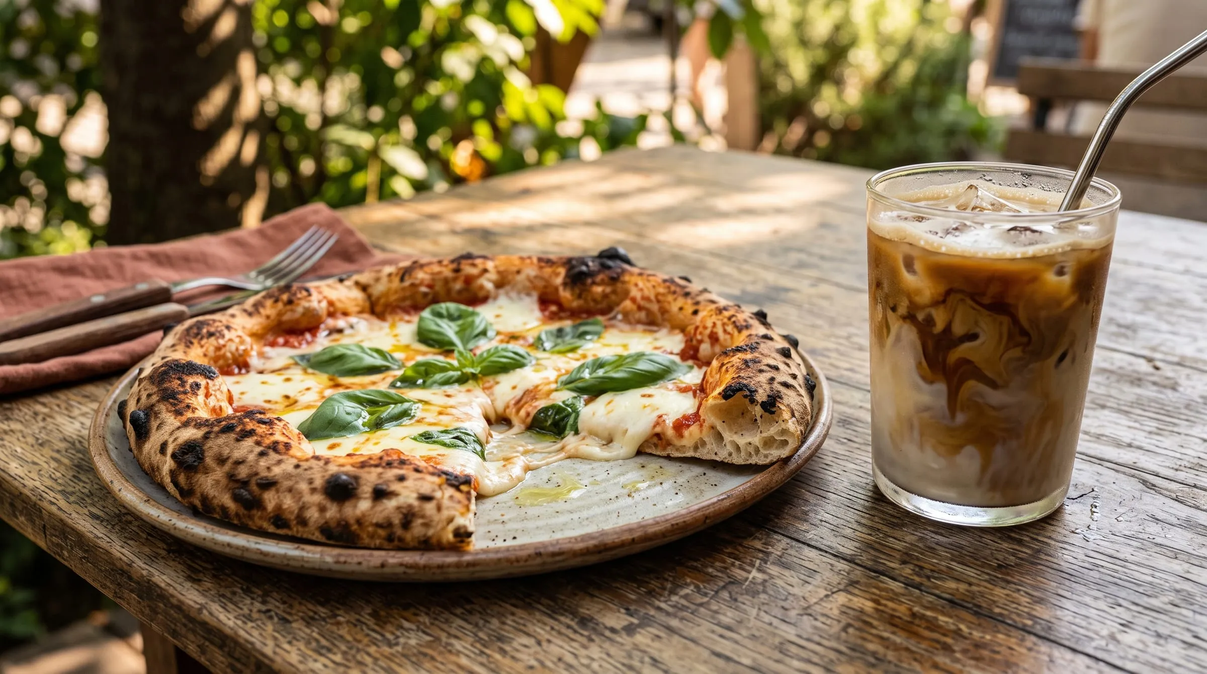 Χειροποίητη pizza margherita με προζύμι και φρέσκο βασιλικό, δίπλα σε έναν παγωμένο iced latte, σε ρουστίκ ξύλινο τραπέζι.
